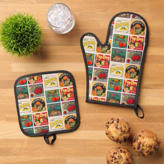 Vintage Lebensmitteletiketten Farbmuster Ofenhandschuh & Topflappen-Set (Oben Unten)