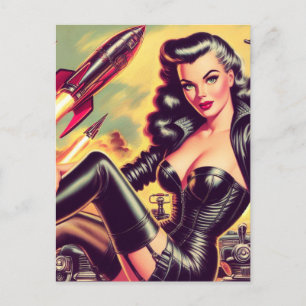 Vintage-Leder-Sci-Fi-Mädchen Postkarte