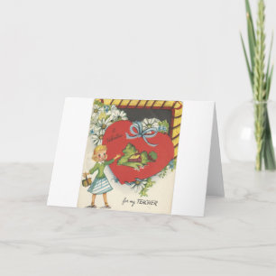 Vintage Lehrerin mit Schulhaus-Valentinstag Feiertagskarte