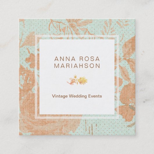 *~* Vintage Leinengoldbronze-Blumentürkis Quadratische Visitenkarte (Vorderseite)