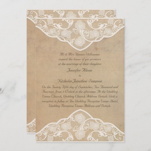 Vintage Leinwand und Spitzeneffekte Hochzeitseinla Einladung (Vorne/Hinten)