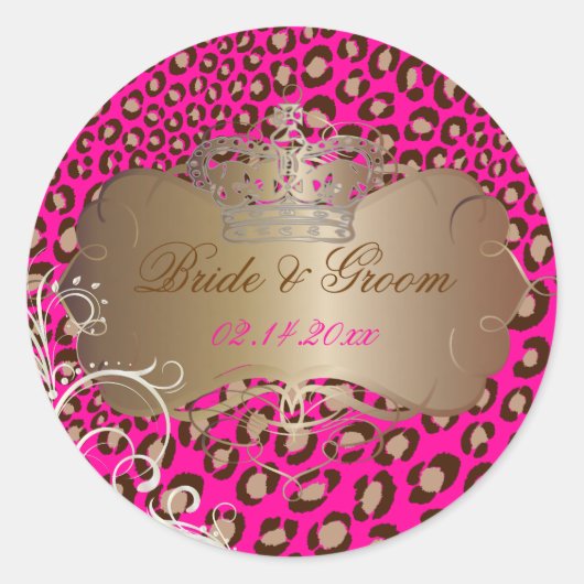 Vintage Leopard Perlen Wirbel Hochzeitsticker Runder Aufkleber (Vorderseite)