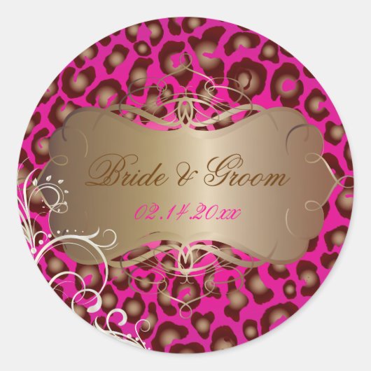 Vintage Leopard Perlen Wirbel Hochzeitsticker Runder Aufkleber (Vorderseite)