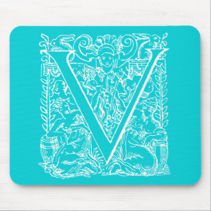 Vintage-Letter-V-Monogramm Aqua Türkis Neonblau "V Mousepad