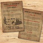 Vintage letzte Rodeo Rustic Cowboy Bachelor Party Einladung<br><div class="desc">Sättige dich, Partner! Diese atemberaubende zweiseitige Einladung ist der perfekte Weg, um die Trauzeugen für ein legendäres Ausgehen zu vervollständigen. Inspiriert durch den rauen Geist des amerikanischen Westens, vereint dieses Design das Wesen einer rustikalen Cowboy-Bachelor-Party mit einer Vintagen honktonk-Drehung. Auf der Vorderseite befinden sich eine bedrückte Papierstruktur, klassische Western-Typografie und...</div>