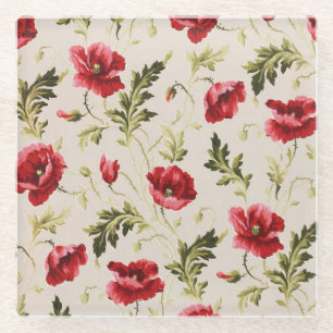 Vintage leuchtend rote Mohnblumen-Blumenmuster  Glasuntersetzer