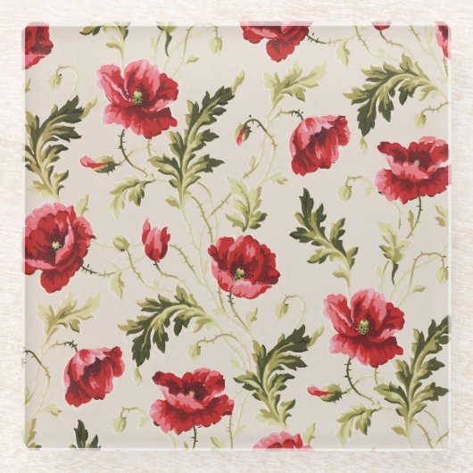 Vintage leuchtend rote Mohnblumen-Blumenmuster Glasuntersetzer (Vorderseite)
