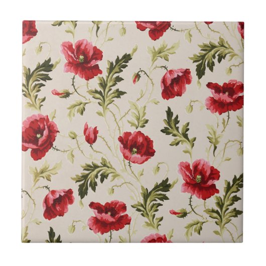Vintage leuchtend rotes Mohnblumenmuster  Fliese (Vorderseite)