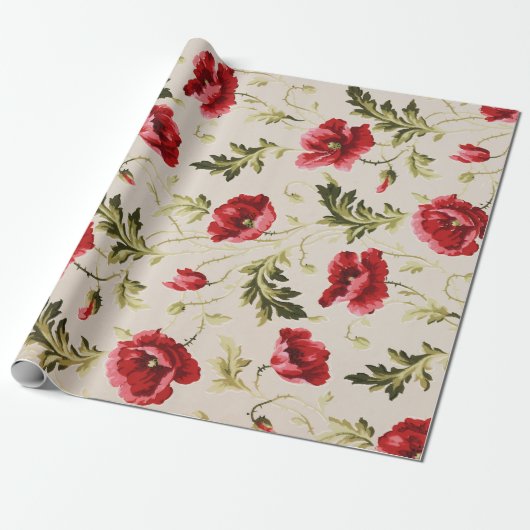 Vintage leuchtend rotes Mohnblumenmuster Geschenkpapier (Ungerollt)
