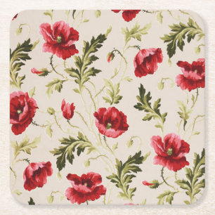 Vintage leuchtend rotes Mohnblumenmuster Rechteckiger Pappuntersetzer