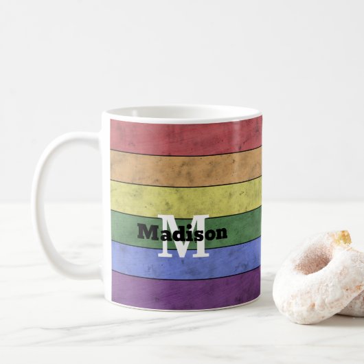 Vintage LGBT-Flagge Stolz gestresste Regenbogenmon Kaffeetasse (Mit Donut)