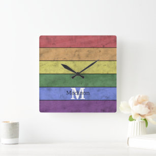 Vintage LGBT-Flagge Stolz gestresste Regenbogenmon Quadratische Wanduhr