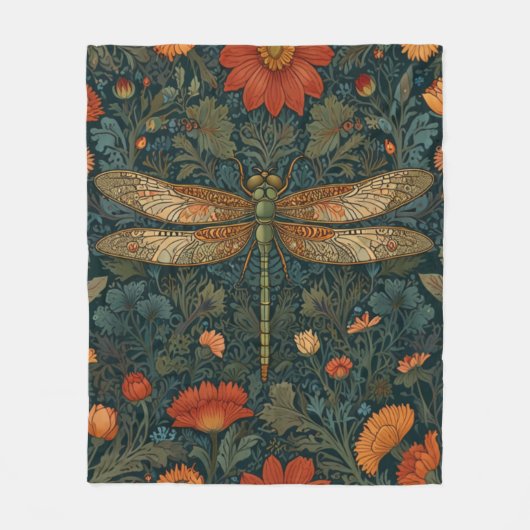 Vintage Libelle Orangenblumengrün boho chic Fleecedecke (Vorderseite)