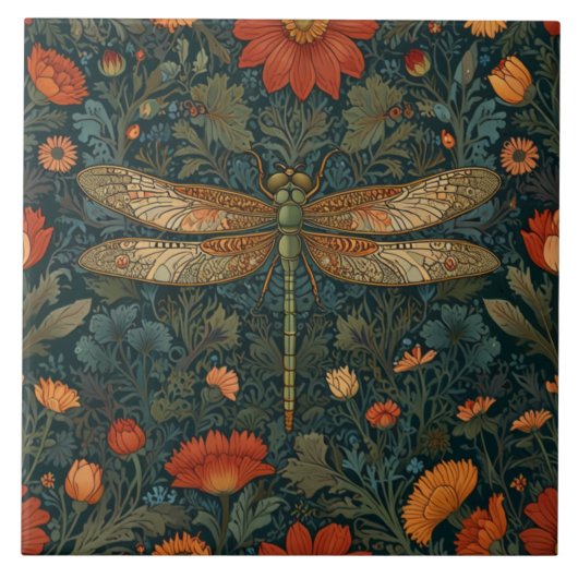 Vintage Libelle Orangenblumengrün boho chic Fliese (Vorderseite)