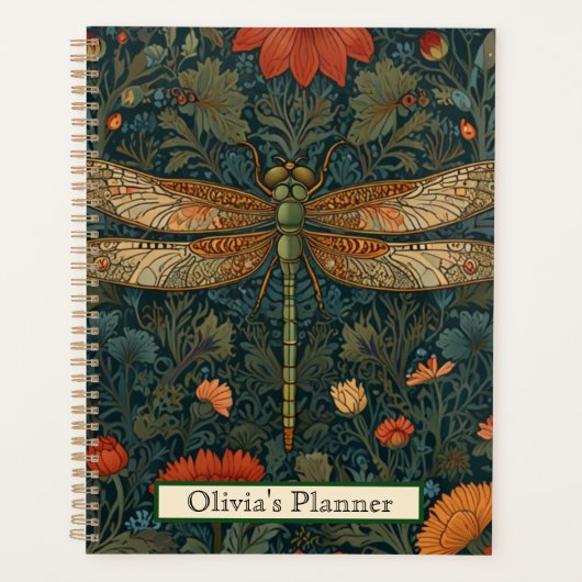 Vintage Libelle Orangenblumengrün boho chic Planer (Vorderseite)