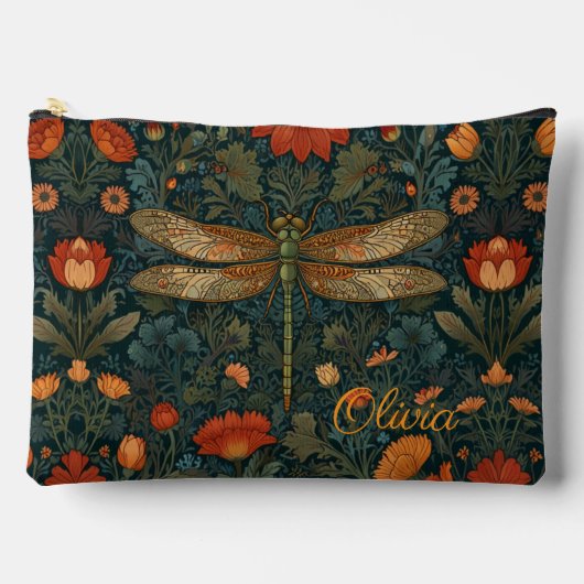 Vintage Libelle Orangenblumengrün boho chic Zubehörtasche (Vorderseite)