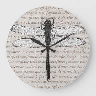 Vintage Libelle und antike Textcollage Große Wanduhr