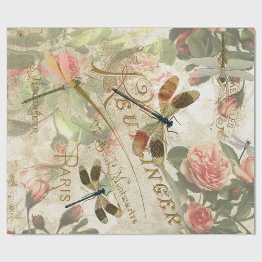 Vintage Libellen und Rose Geschenkpapier (Flach)