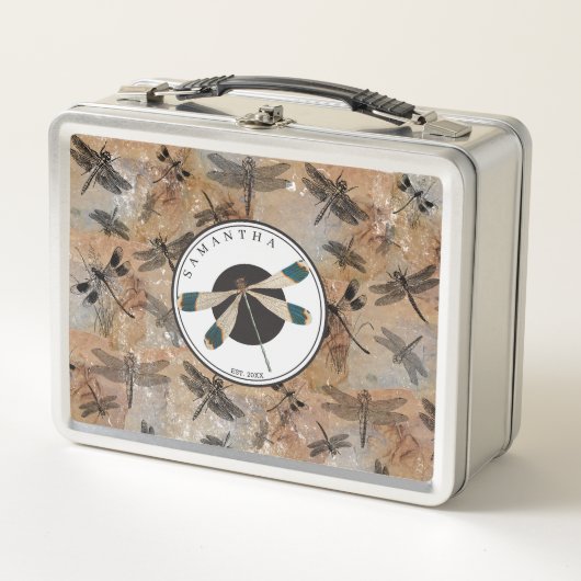 Vintage Libellenstörung Entomologie-Monogramm Metall Brotdose (Vorderseite)
