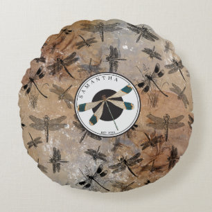 Vintage Libellenstörung Entomologie-Monogramm Rundes Kissen