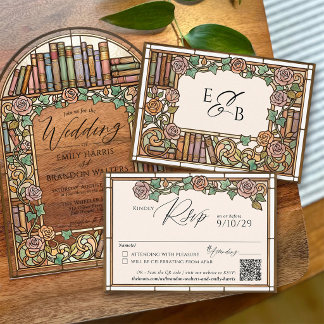 Vintage Library Books Stained Glass Wedding QR RSVP Karte