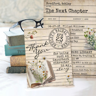 Vintage Library Card Floral Books Bear Baby Shower Dankeskarte