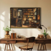 Vintage Library Oil Painting, Moody Interior Scene Poster