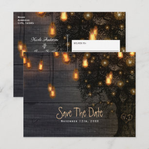 Vintage Lichterketten & Baum Hochzeit Merken Sie s Ankündigungspostkarte