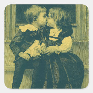 Vintage Liebe und romanisches Foto, Kinder Kiss Quadratischer Aufkleber