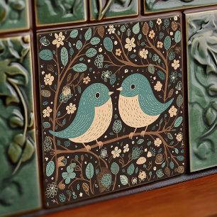 Vintage-Liebe Vögel Gedämpftes Braun Blau Art Nouv Fliese