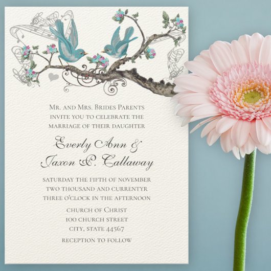 Vintage Liebesvögel Aqua Blau und Rosa Hochzeit Einladung