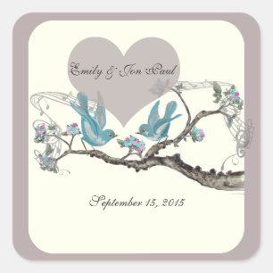 Vintage Liebesvögel Aqua Hot Pink und Grau Quadratischer Aufkleber