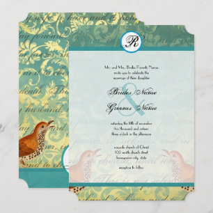 Vintage-Liebesvögel Lagoon-Endivien-Hochzeitseinla Einladung
