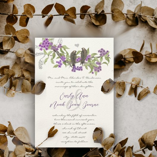 Vintage Liebesvögel Lila Blütenhochzeit Einladung