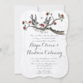 Vintage Liebesvögel sitzen in einem Baumrot-Blüten Einladung (Vorderseite)