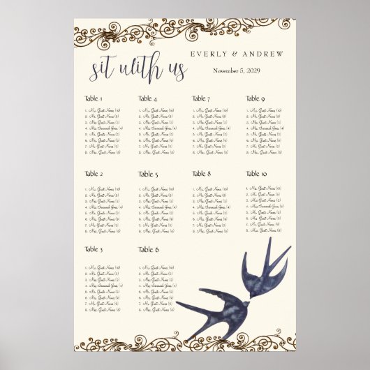 Vintage Liebesvögel Sitzkarten Tischnummern Poster (Vorne)