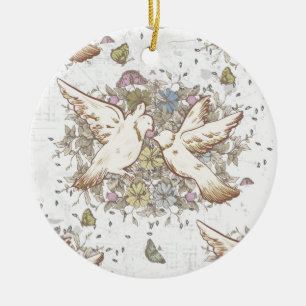 Vintage Liebesvögel, zwei weiße Tauben, Blüten Keramik Ornament