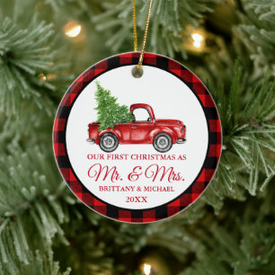 Vintage-Lieferwagen Erstes Weihnachten Herr und Fr Keramik Ornament