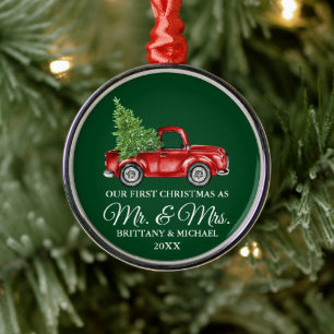 Vintage-Lieferwagen erstes Weihnachten Herr und Fr Ornament Aus Metall