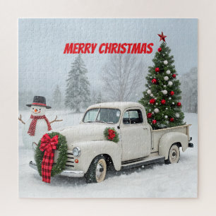 Vintage-Lieferwagen mit Weihnachtsbaum und Schneem Puzzle