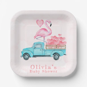 Vintage-Lieferwagen Rosa Flamingo-Herzen Baby-Part Pappteller