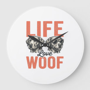 Vintage Life Love Woof Hund Grafikdesign_1 Große Wanduhr