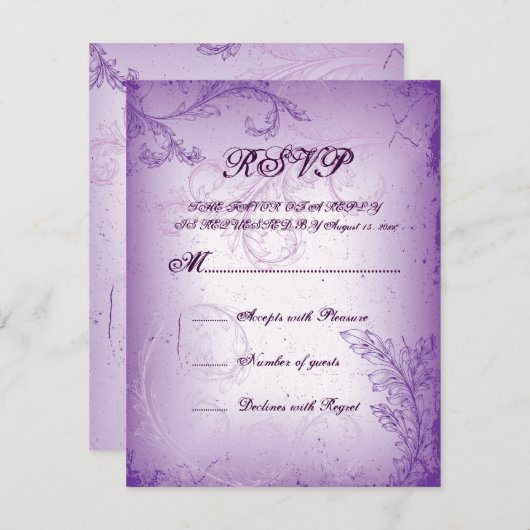 Vintage lila Blätterblatt-Hochzeitkarte RSVP (Vorne/Hinten)