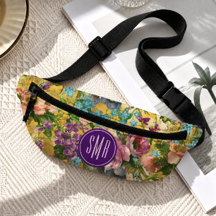 Vintage lila Blumen gelbes Muster Monogramm Bauchtasche