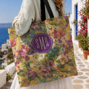 Vintage lila Blumen gelbes Muster Monogramm Tasche