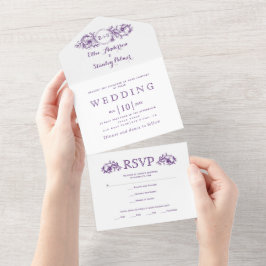 Vintage lila Blumen-Rahmen-Initialen All In One Einladung