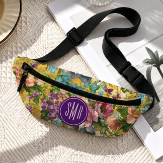 Vintage lila Blumenmuster mit gelbem Monogramm Bauchtasche