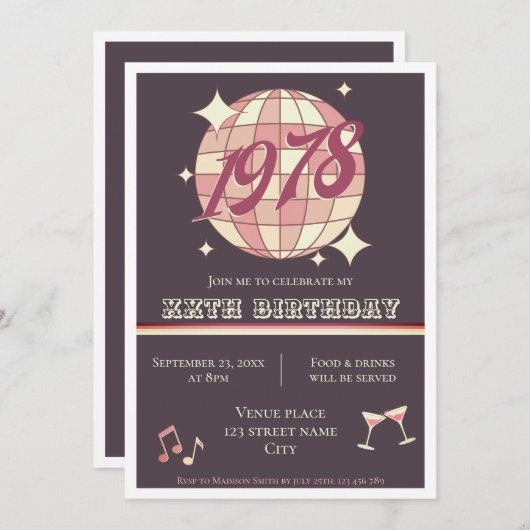 Vintage lila Einladung 1978 46. (Vorne/Hinten)