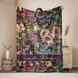 Vintage lila floral schwarz Muster Monogramm Fleecedecke