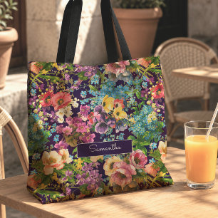 Vintage lila florales Schwarz-Muster-Monogramm Tasche